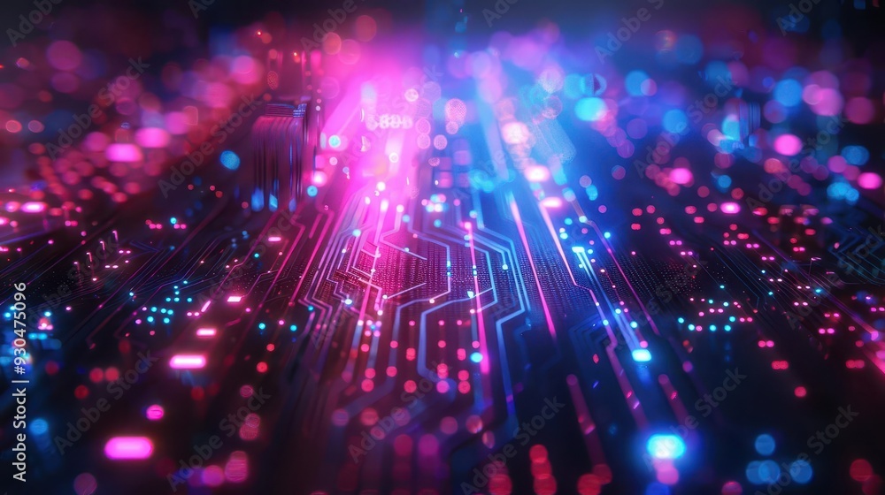 Poster abstract digital background featuring bright neon lights and flowing data streams. perfect for techn