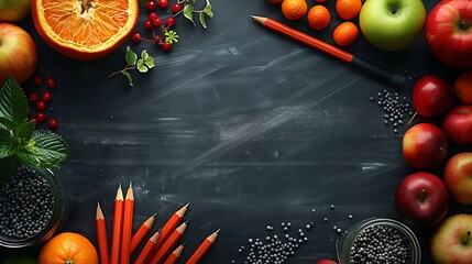 A seamless pattern of red pens, apples, and stacks of graded papers, arranged in a balanced and organized layout, with soft lighting and warm tones on a dark chalkboard surface, hd quality,