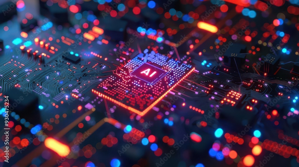 Poster close-up of a modern computer chip with vibrant led lights, showcasing artificial intelligence techn