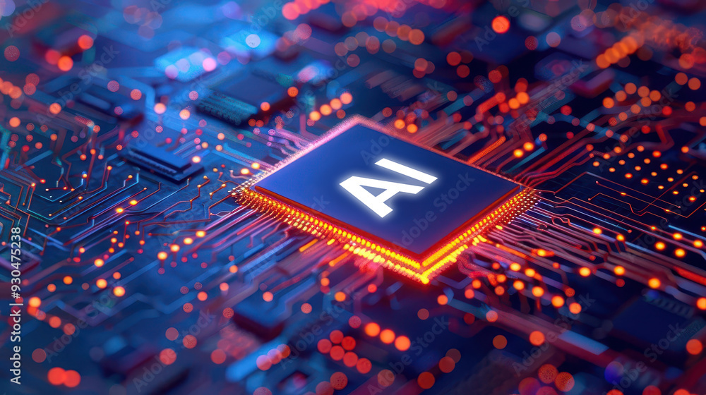 Poster close-up of a vibrant microchip on a circuit board with intricate designs and glowing lights, showca