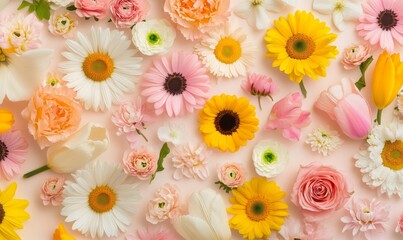 Vibrant Spring-Themed Seamless Pattern of Colorful Flowers Including Daisies, Tulips, and Sunflowers on Light Background - Cheerful and Seasonal Design