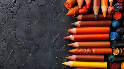 A seamless pattern of scattered colored pencils and crayon pieces, with soft shadows and subtle texture on the surface, lively and playful design, hd quality, sharp details. --ar 16:9 --v 6.
