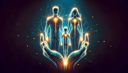 Sleek Digital Art: Glowing Abstract Family Hands Connected by Light Lines - Family Support and Connection Theme - Ideal for Campaigns - Photo Stock