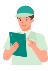 Working man. Concept for Problem Solving. Man cartoon character. People face profiles avatars and icons. Close up image of tablet man.