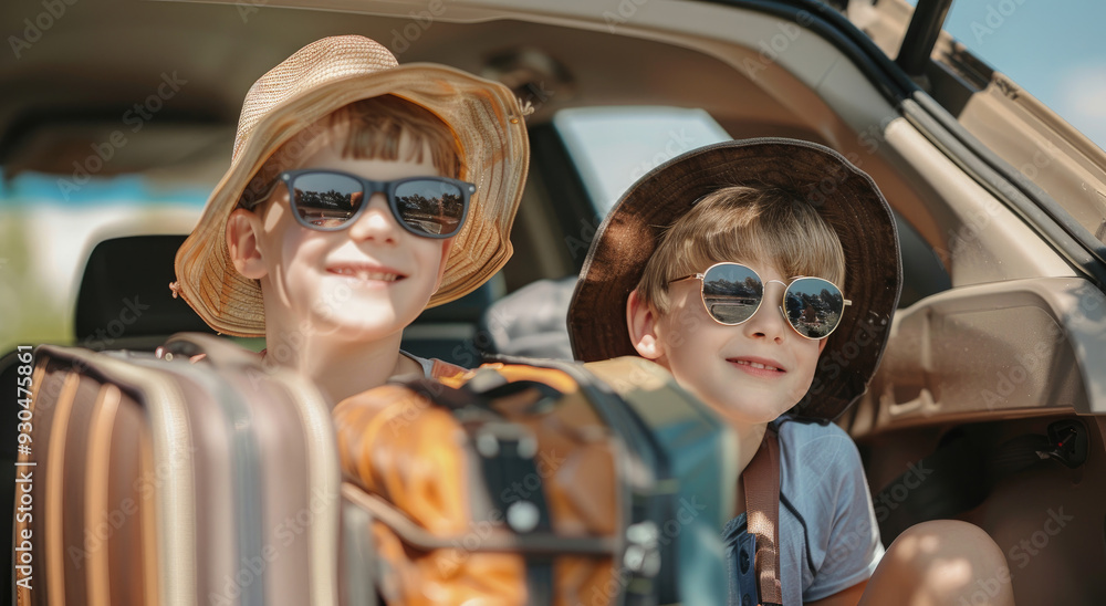 Wall mural a cute boy wearing sunglasses and a hat is sitting in the trunk of an suv, surrounded by two vintage