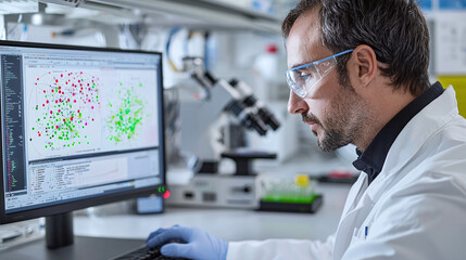 a scientist closely analyzing complex data on a computer screen in a laboratory setting