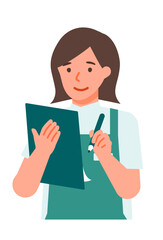 Working Woman. Concept for Problem Solving. Woman cartoon character. People face profiles avatars and icons. Close up image of Woman writing.