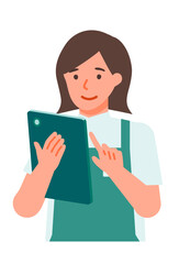 Working Woman. Concept for Problem Solving. Woman cartoon character. People face profiles avatars and icons. Close up image of tablet Woman.