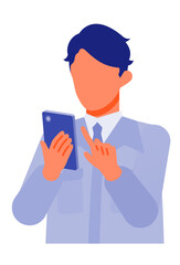 Working man. Concept for Problem Solving. Man cartoon character. People face profiles avatars and icons. Close up image of smartphone man.