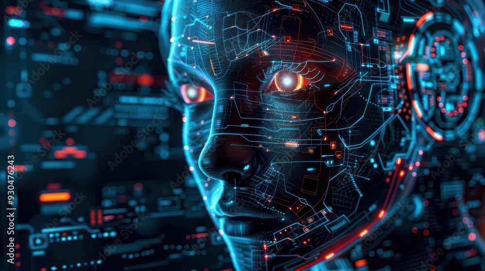 Poster futuristic close-up of a robotic face with glowing elements, representing advanced technology and ar