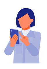 Working Woman. Concept for Problem Solving. Woman cartoon character. People face profiles avatars and icons. Close up image of smartphone Woman.