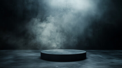 Stage show Dark black floor podium dramatic empty night room table, Podium black dark smoke background product platform abstract stage texture fog spotlight