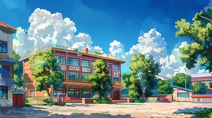 Fototapeta premium Japanese school building in anime illustration style with a bright blue sky and fluffy white clouds over a sunny courtyard.