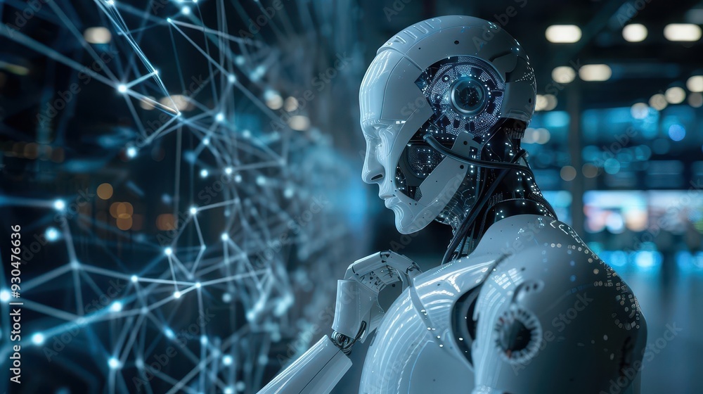 Poster a futuristic robot examining digital connections, symbolizing advanced technology and the future of 