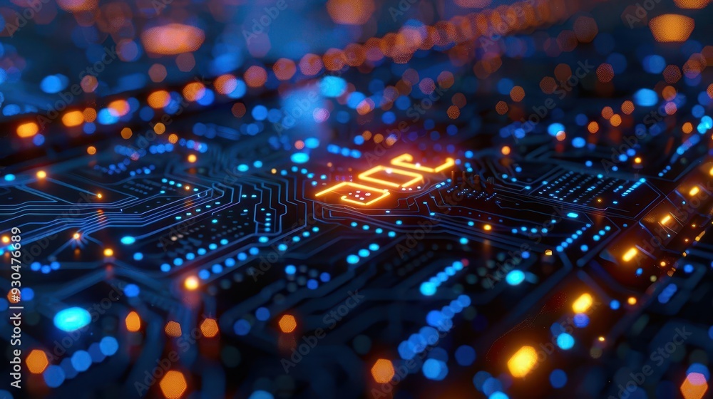 Poster a close-up view of a vibrant circuit board showcasing intricate connections and glowing elements in 