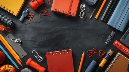 A seamless pattern of school supplies like notebooks, pencils, and price tags, arranged in a neat and repeating grid, with vibrant colors and subtle shadows on a dark background, hd quality,