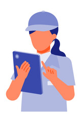 Working Woman. Concept for Problem Solving. Woman cartoon character. People face profiles avatars and icons. Close up image of tablet Woman.