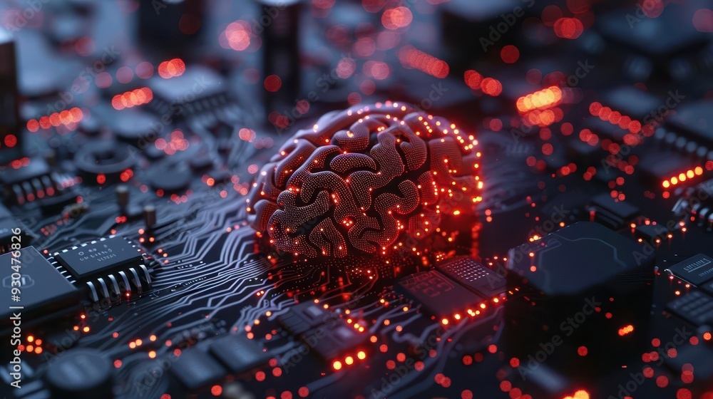 Poster a futuristic brain model placed on a glowing circuit board, symbolizing the intersection of technolo