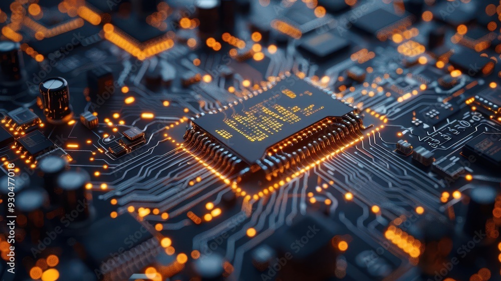 Poster an intricate close-up of a circuit board showcasing detailed electronic components and glowing conne