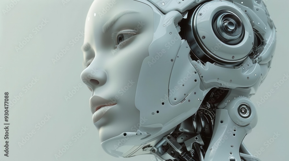 Aufkleber a close-up view of a futuristic humanoid robot with sophisticated mechanical features and a smooth, 