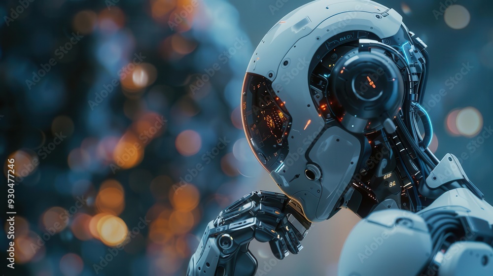 Aufkleber a futuristic robot pondering with intricate technology, showcasing innovation and advanced design in