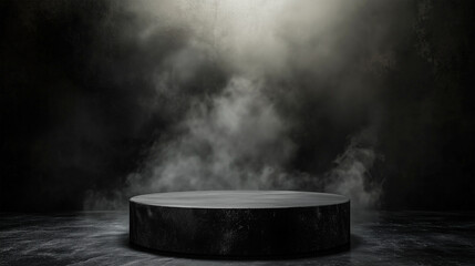 Podium black dark smoke background product platform abstract stage texture fog spotlight, Studio background with realistic podium spotlight