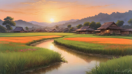 Naklejka premium Tranquil rural village at sunrise with lush green fields and winding river.