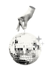 Halftone hand holding disco ball hanging on string collage element. Cut out of a magazine party festive symbol. Trendy modern retro vector illustration isolated on transparent background
