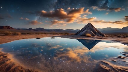 This is a very creative and surreal image! It shows a large, reflective slab standing in a desert landscape. The slab reflects a scene of a mountain range, a sky filled with stars, and a cloud, creati