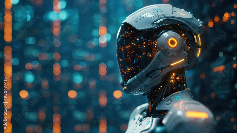 Poster futuristic robot with glowing elements in a high-tech, neon environment, representing advanced techn