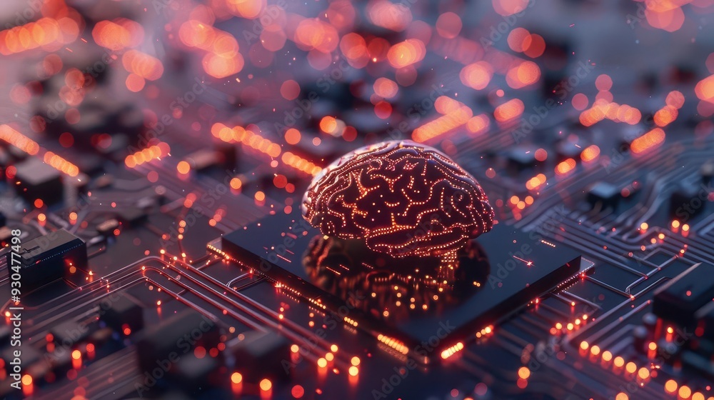Poster a stunning visual of a brain on a circuit board, symbolizing artificial intelligence and technology 