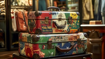 Two Vintage Suitcases with Colorful, Patterned Designs