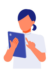 Working Woman. Concept for Problem Solving. Woman cartoon character. People face profiles avatars and icons. Close up image of tablet Woman.