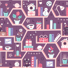 Seamless pattern with  a cute pink bookshelf with little books, plants, coffee mugs, colorful boxes and stuffed animals on a purple background. Repeated surface vector design.
