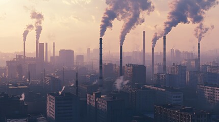 Industrial landscape with smoke stacks emitting pollution into the atmosphere.