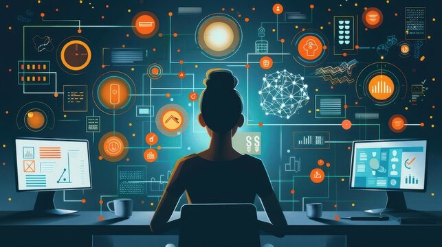 A professional analyzing data with multiple screens displaying intricate digital graphics and information technology concepts.