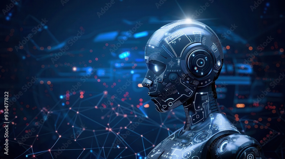 Poster futuristic robot head showcasing advanced technology in a digital landscape with glowing circuits an