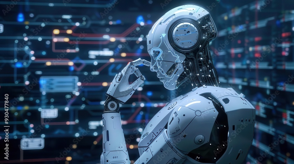 Aufkleber a futuristic robot deep in thought, surrounded by a digital landscape filled with intricate circuitr