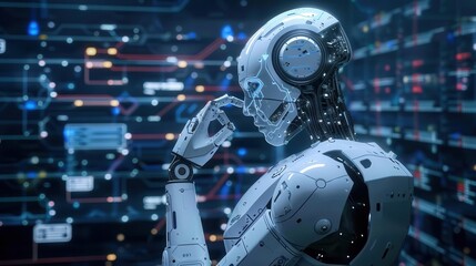 Fototapeta premium A futuristic robot deep in thought, surrounded by a digital landscape filled with intricate circuitry and glowing data nodes.