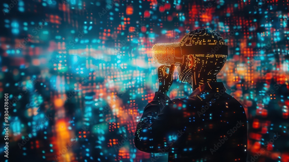Poster person experiencing virtual reality with colorful data visualization background, exploring technolog