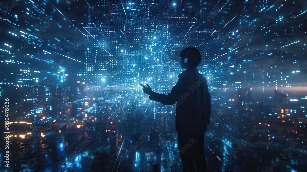 Poster a silhouette of a person interacting with a digital environment filled with glowing data and futuris