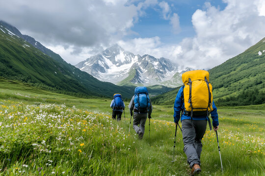 Group of Hikers Trekking Through Mountainous Alpine Meadow with Snow-Capped Peaks