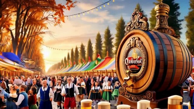 Oktoberfest Celebration with People, Beer, and Festive Decorations
