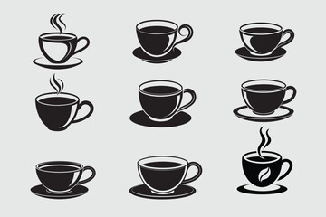 Set of Coffee Cups Vector Illustration - Black Silhouette, Line Art, Vector Icon Clipart