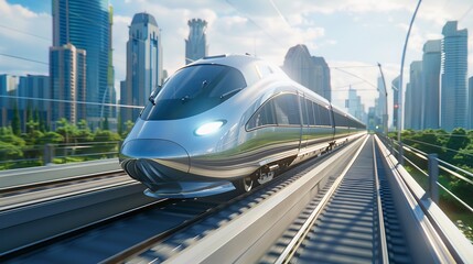 Naklejka premium Modern Silver High-Speed Train Traveling Through a City