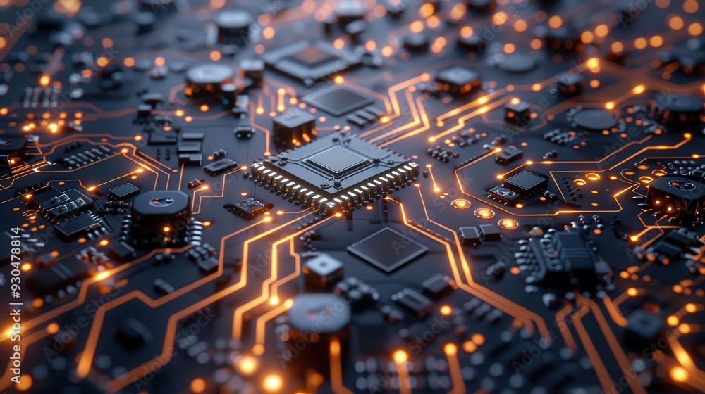 Aufkleber close-up of a complex circuit board with illuminated pathways, showcasing technology and innovation 