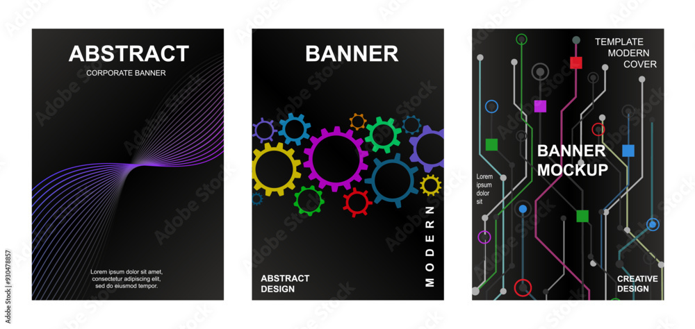 Aufkleber set of modern background design. brochure cover cards. minimal techn geometric shapes compositions. 