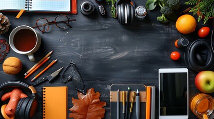 A seamless pattern of tech tools for learning, including tablets, headphones, and styluses, arranged in a balanced and organized layout, with sleek designs and bright colors on a chalkboard surface,