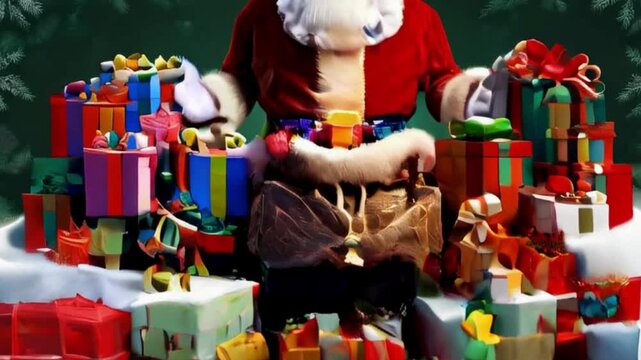 Santa Claus Sitting with Presents on a Green Background
