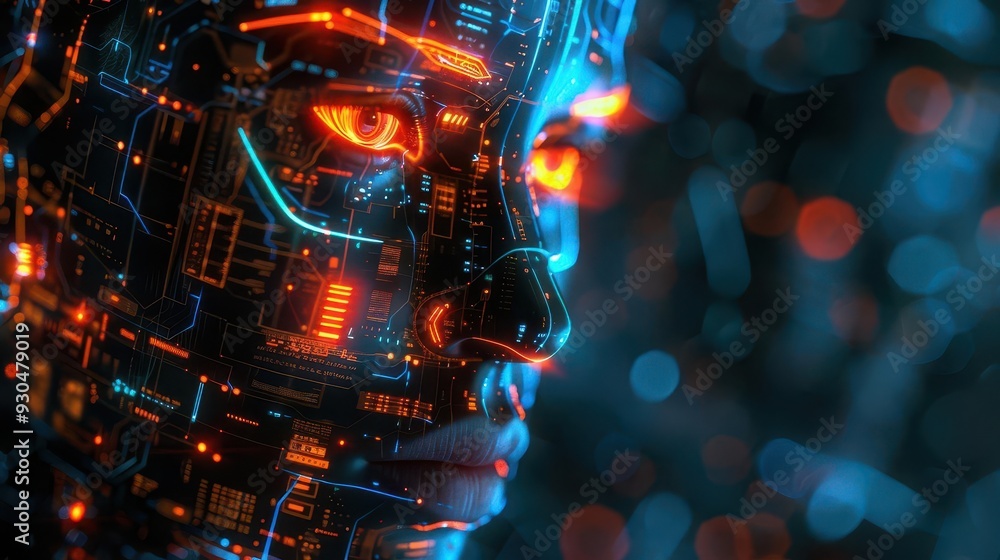 Poster futuristic humanoid face with glowing circuitry, representing advanced technology and artificial int